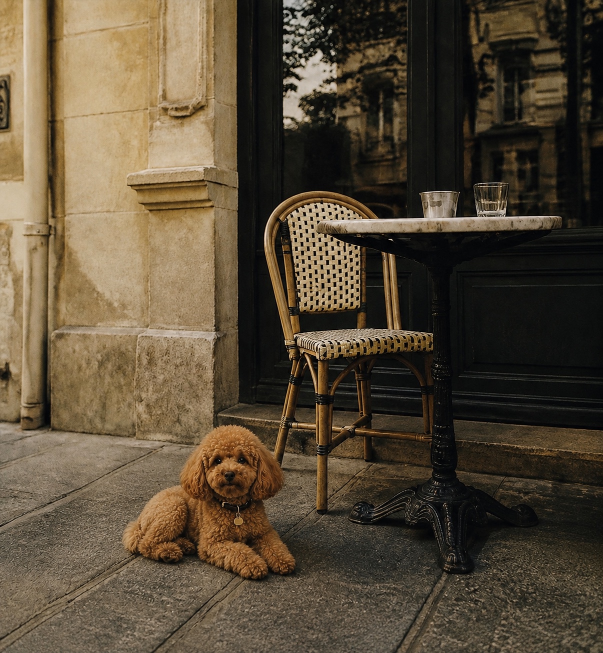 Coco, a red toy poodle, beside a Paris café table