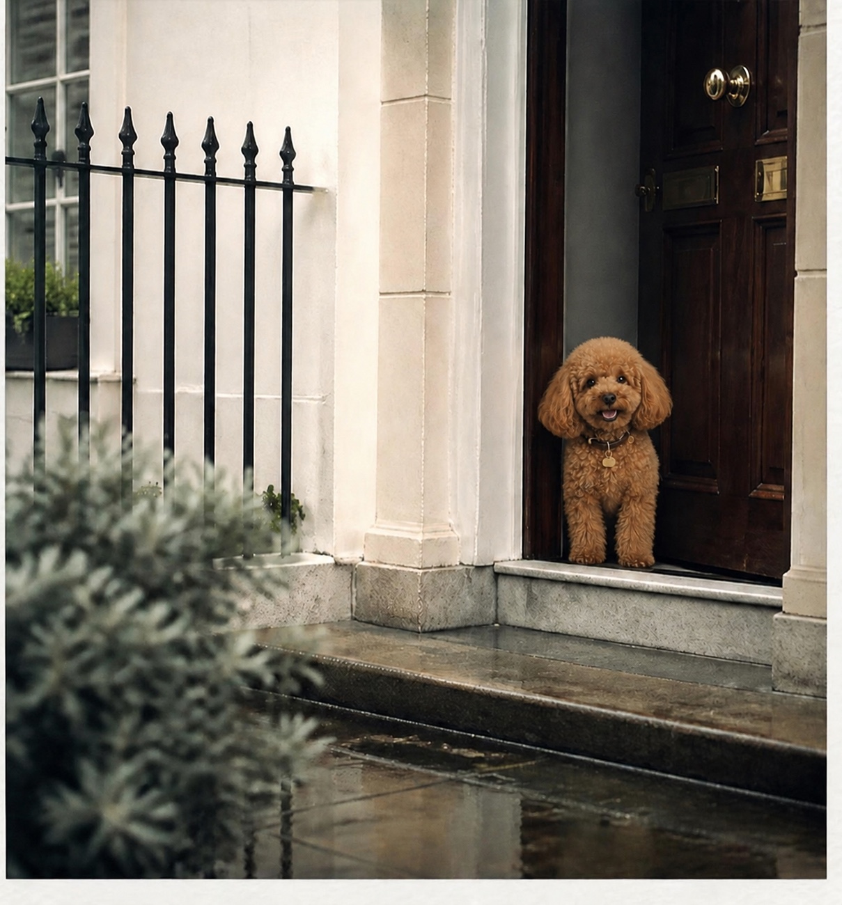 Coco, a red toy poodle, walking through Paris