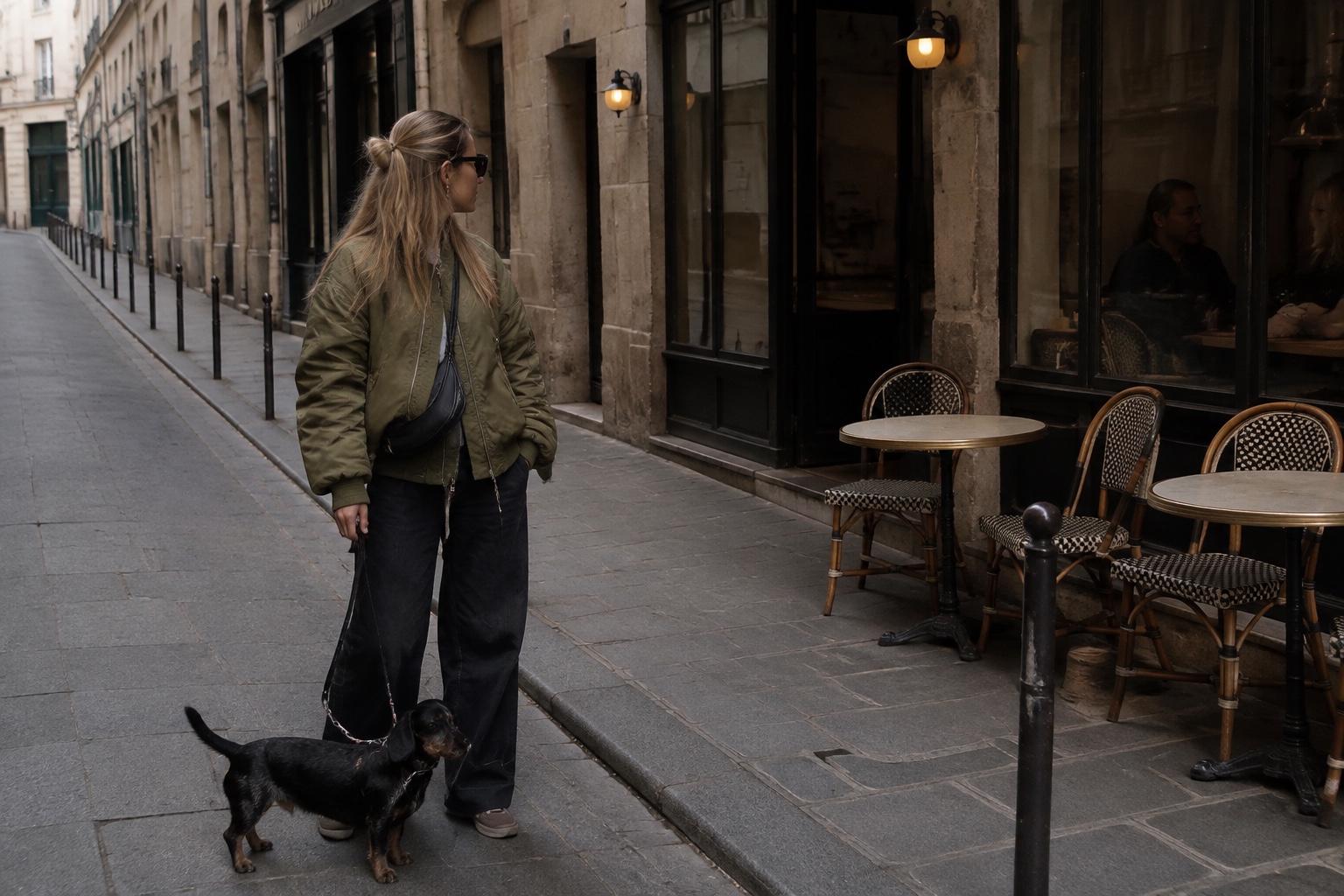 A stylish woman exploring Paris with her dog