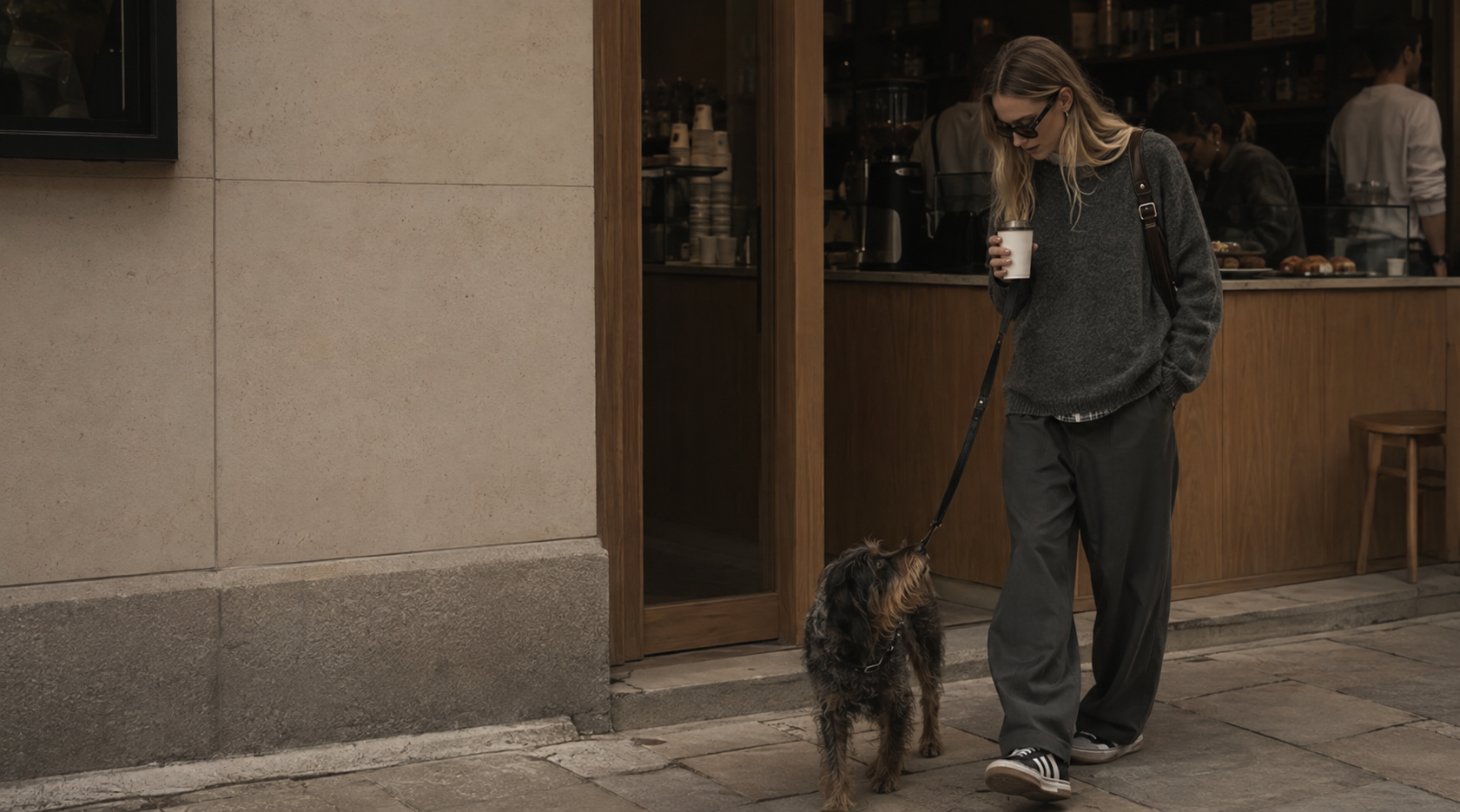 A woman and her dog outside a city coffee shop