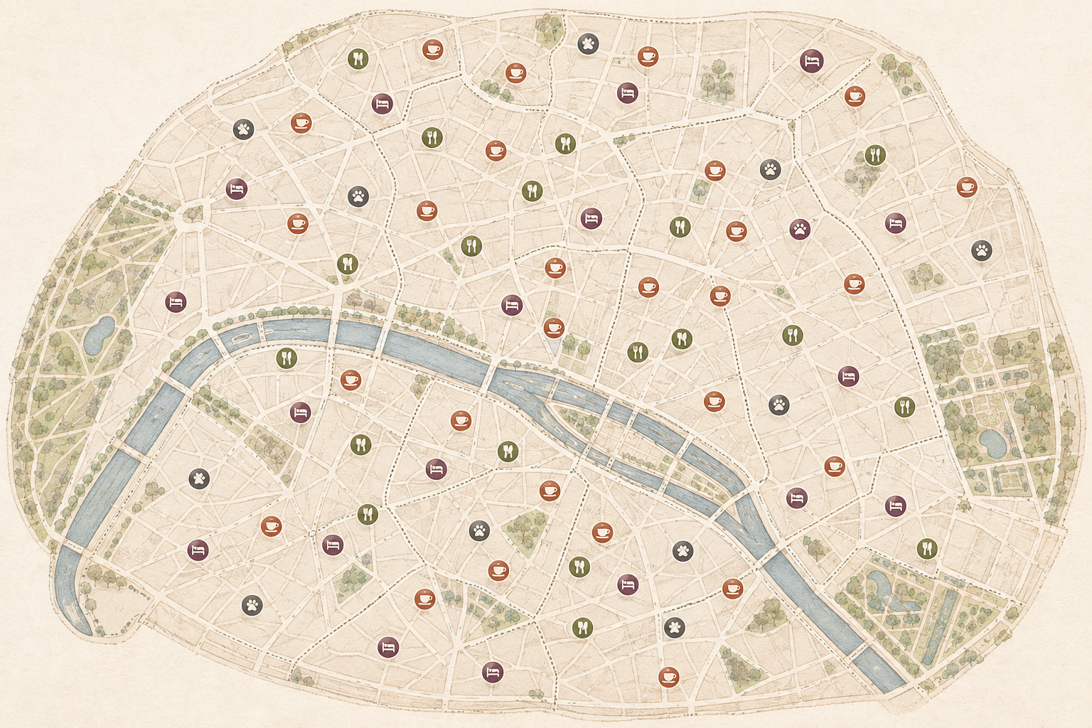 Illustrated map of Paris with curated café, restaurant, hotel and dog-shop markers